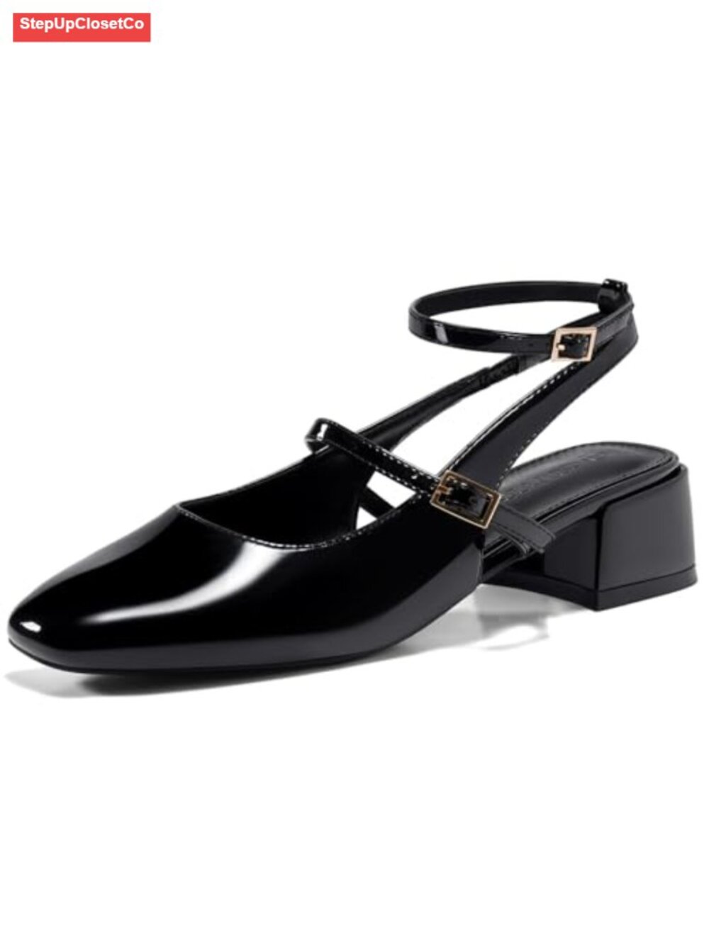 Faux Leather Mary Jane Chunky Low Heels Closed Square Toe Ankle Strap Pumps